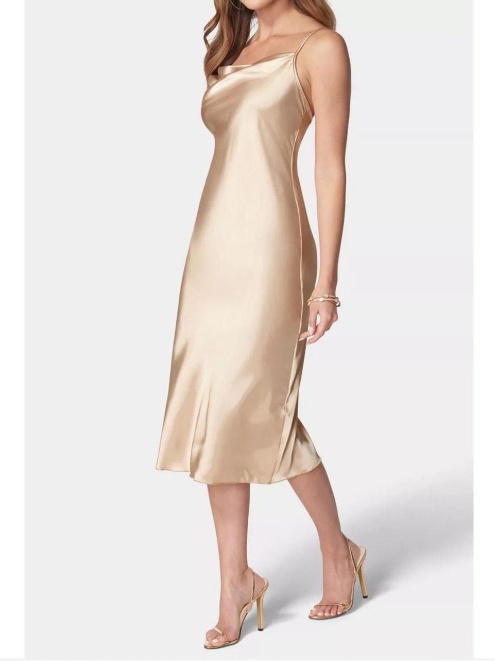 bebe Satin Slip Dress in Champagne